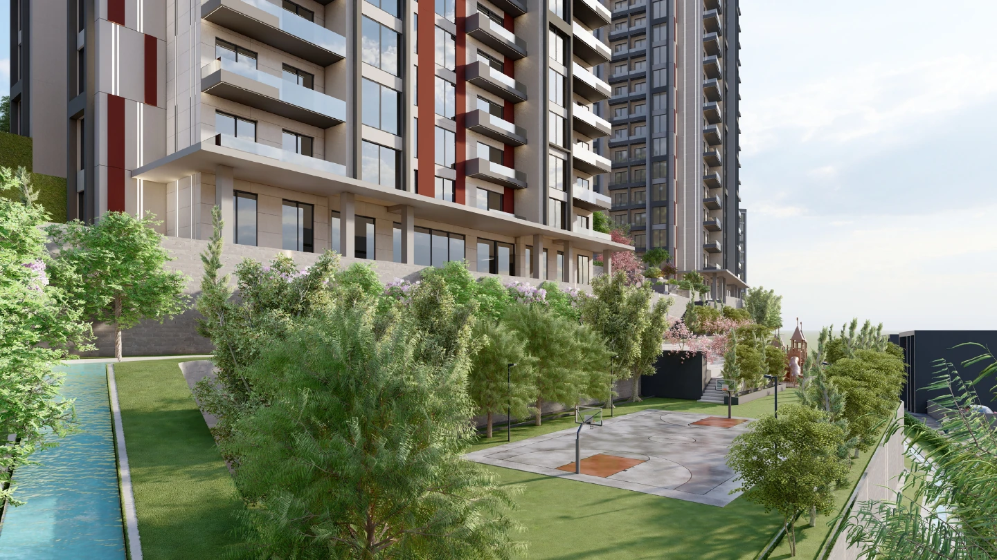 Velora City 1 - Peyzaj, su öğesi ve açık spor alanı